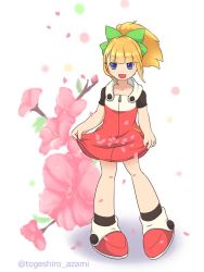 Rule 34 | 1girl, android, blonde hair, blue eyes, blush, bow, capcom, cherry blossoms, dress, flower, fringe trim, full body, hair bow, hair ornament, high ponytail, holding, holding clothes, hood, hoodie, long hair, open mouth, petals, ponytail, red dress, mega man (series), mega man (classic), mega man 11, roll (mega man), shoes, sidelocks, simple background, smile, solo, solo focus, standing, white background