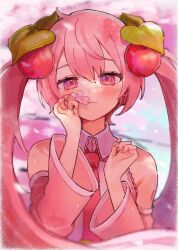 Rule 34 | 1girl, bare shoulders, blush, cherry blossoms, cherry hair ornament, closed mouth, collared shirt, commentary, detached sleeves, flower, food-themed hair ornament, hair ornament, hatsune miku, highres, holding, holding flower, long hair, necktie, outdoors, pink eyes, pink hair, pink nails, pink necktie, pink sleeves, sakura miku, shirt, sleeveless, sleeveless shirt, solo, twintails, uminokaisen, upper body, very long hair, vocaloid, white shirt, wide sleeves