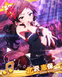 Rule 34 | 10s, 1girl, audience, bare shoulders, beamed quavers, brown eyes, brown hair, card (medium), character name, character signature, flower, hair flower, hair ornament, idolmaster, idolmaster million live!, kitazawa shiho, microphone, music, musical note, official art, open mouth, signature, singing, solo focus, sparkle, wireless, wristband