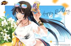 Rule 34 | 1girl, beer can, bikini, bikini top only, bikini under clothes, black hair, blue nails, bouquet, bracelet, can, character name, cloud, cloudy sky, copyright name, copyright notice, day, drink can, earrings, eyewear on head, flower, happy birthday, highres, holding, holding bouquet, holding can, jewelry, lens flare, lily (flower), logo, mahjong, mahjong soul, nail polish, necklace, official art, official wallpaper, osanai mei (artist), sky, solo, sunglasses, swimsuit, tenbou, tongue, tongue out, white lily, yostar