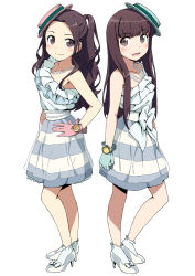 Rule 34 | 2girls, alice (claris), bare shoulders, blue dress, brown eyes, brown hair, clara (claris), claris (group), dress, frills, full body, gloves, hand on own hip, hat, high heels, highres, hip focus, jewelry, kanzaki hiro, long hair, medium dress, multiple girls, necklace, official art, open mouth, ribbon, shoes, simple background, skirt, sleeveless, sleeveless dress, smile, socks, standing, striped clothes, striped dress, striped skirt, white background