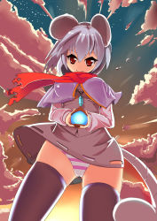 Rule 34 | 1girl, animal ears, bishamonten&#039;s pagoda, breasts, capelet, cloud, dress, grey hair, highres, jewelry, looking at viewer, mouse ears, mouse tail, nazrin, onikiri, outdoors, panties, pantyshot, pendant, pink panties, red eyes, scarf, short hair, smile, solo, standing, star (sky), striped clothes, striped panties, tail, thighhighs, touhou, twilight, underwear, wind, wind lift
