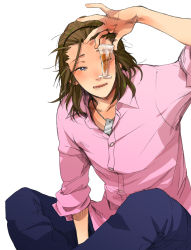 Rule 34 | 10s, 1boy, arm support, blush, brown hair, denim, dress shirt, drink, drunk, glass, grin, headband, highres, indian style, jeans, jewelry, long hair, looking at viewer, male focus, messy hair, necklace, one eye closed, pants, saliva, shimogamo yajirou, shirt, simple background, sitting, sleeves rolled up, smile, solo, uchouten kazoku, white background, wink, zkakq