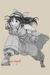 Rule 34 | 1girl, ainu clothes, artist name, boots, breasts, fingerless gloves, gloves, hair ribbon, highres, leaning forward, legs, long hair, medium breasts, monochrome, nakoruru, pants, ribbon, samurai spirits, smile, snk, solo, the king of fighters, thighs