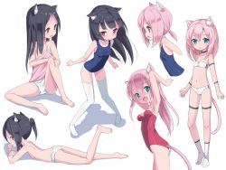 Rule 34 | 2girls, animal ears, armpits, arms behind head, arms up, ass, bandeau, bare shoulders, barefoot, black hair, breasts, brown eyes, camisole, cat ears, cat tail, green eyes, kimagure blue, kittysuit, kneehighs, leg up, leotard, long hair, lying, multiple girls, no pants, nontraditional playboy bunny, on stomach, one-piece swimsuit, open mouth, original, panties, pink camisole, pink hair, ponytail, school swimsuit, short hair, sitting, small breasts, smile, socks, spread legs, strap slip, strapless, strapless leotard, swimsuit, tail, thigh strap, thighhighs, topless, underwear, white legwear, white panties