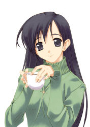 Rule 34 | black eyes, black hair, coffee, cup, jewelry, murakami suigun, necklace, simple background, solo, sweater, turtleneck, white background