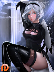 Rule 34 | 1girl, android, arm behind head, artist name, black dress, black hairband, blue eyes, boots, breasts, cleavage, cleavage cutout, clenched hands, clothing cutout, dress, facing viewer, feather-trimmed sleeves, hairband, highleg, highleg leotard, highres, juliet sleeves, leather, leather boots, leotard, long sleeves, looking at viewer, medium breasts, mole, mole under mouth, nefrubi, nier (series), nier:automata, no blindfold, patreon logo, pink lips, puffy sleeves, silver hair, sitting, solo, thigh boots, thighhighs, thighhighs under boots, vambraces, white leotard, 2b (nier:automata)