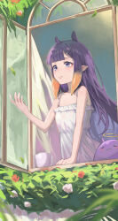 Rule 34 | 1girl, absurdres, bare shoulders, bush, camisole, day, flower, flower bed, frills, hair ornament, hairclip, halo, hand up, happy, highres, hololive, hololive english, kiwwwwwi, light blush, light smile, long hair, looking away, looking outside, mole, mole under eye, ninomae ina&#039;nis, open window, pointy ears, purple eyes, purple hair, smile, standing, straight hair, takodachi (ninomae ina&#039;nis), tentacle hair, vase, virtual youtuber, white camisole, window