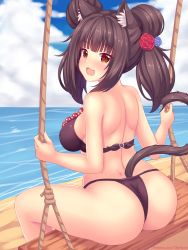 Rule 34 | 1girl, animal ear fluff, animal ears, ass, beach, bikini, black bikini, black hair, blush, breasts, cat ears, cat tail, chocola (nekopara), commentary, day, double bun, english commentary, fang, flower, from behind, hair bun, hair flower, hair ornament, hair up, highres, looking at viewer, looking back, medium breasts, medium hair, nekopara, nottytiffy, open mouth, outdoors, red eyes, sitting, slit pupils, solo, swimsuit, swing, tail, water