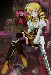 Rule 34 | 10s, 1girl, beret, blonde hair, blurry, boots, breasts, charlotte (madoka magica), checkered floor, clock, corset, crossed legs, depth of field, detached sleeves, doll, drill hair, floor, g3pen, gun, hair ornament, hat, highres, magical girl, magical musket, mahou shoujo madoka magica, mahou shoujo madoka magica (anime), pleated skirt, shirt, sitting, skirt, skull, smile, striped clothes, striped thighhighs, taut clothes, taut shirt, thighhighs, tomoe mami, vertical-striped clothes, vertical-striped thighhighs, weapon, yellow eyes