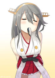 Rule 34 | 1girl, arms behind back, bare shoulders, breasts, closed eyes, commentary request, facing viewer, fish, food in mouth, grey hair, hair between eyes, hair ornament, hairclip, haruna (kancolle), headgear, highres, kantai collection, large breasts, long hair, misumi (niku-kyu), nontraditional miko, pleated skirt, red skirt, simple background, skirt, sleeveless, solo, white background