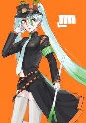Rule 34 | 1girl, adjusting hair, armband, black dress, black shorts, breasts, creatures (company), dress, fighting miku (project voltage), food, game freak, gloves, gradient hair, green armband, green eyes, green hair, hair between eyes, hair ornament, hand up, hatsune miku, highres, holding, holding food, holding spring onion, holding vegetable, long hair, long sleeves, looking to the side, midriff peek, multicolored hair, necktie, nintendo, open mouth, orange background, orange hair, pokemon, project voltage, sanmanako, shorts, small breasts, solo, spring onion, standing, streaked hair, thighhighs, twintails, vegetable, very long hair, visor cap, vocaloid, white gloves, white hair, white necktie, white thighhighs