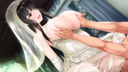 Rule 34 | 1girl, anette (paizuri fiancee), bare shoulders, black hair, blush, grabbing another&#039;s breast, breasts, breasts out, bridal veil, bride, clothed female nude male, deep skin, dress, eyebrows, game cg, girl on top, grabbing, huge breasts, indoors, legs, long hair, looking down, lying, mole, mole under eye, nipples, no panties, nude, open mouth, original, paizuri fiancee, pregnant, red eyes, sex, sitting, sitting on person, solo focus, sweat, thighs, uni8, vaginal, veil, wedding dress