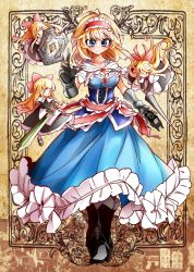 Rule 34 | 1girl, alice margatroid, apron, black dress, black footwear, blonde hair, blue dress, blue eyes, book, boots, bow, breasts, capelet, cleavage, dress, fifiruu, frills, frown, gauntlets, hair bow, hairband, hand up, holding, holding book, holding lance, holding polearm, holding shield, holding sword, holding weapon, knee boots, lance, long hair, long sleeves, looking at viewer, mary janes, polearm, puppet rings, red bow, red hairband, ring, shanghai doll, shield, shoes, short hair, sleeveless, sleeveless dress, sword, touhou, waist apron, weapon, white legwear
