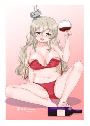 Rule 34 | 1girl, barefoot, bikini, bottle, breasts, brown hair, cleavage, creature on head, cup, drinking glass, drunk, gradient background, grey eyes, kantai collection, large breasts, long hair, masara (chuujou), one-hour drawing challenge, pola (kancolle), red background, red bikini, rensouhou-chan, sitting, strap slip, swimsuit, thick eyebrows, wine bottle, wine glass