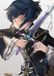 Rule 34 | 1boy, absurdres, blood, blood on face, blue hair, diffraction spikes, fingernails, frilled sleeves, frills, gem, genshin impact, glint, gradient background, hair between eyes, highres, holding, holding sword, holding weapon, male focus, nakura hakuto, parted lips, sleeves past wrists, solo, striped, sword, vision (genshin impact), water, weapon, xingqiu (genshin impact), yellow eyes