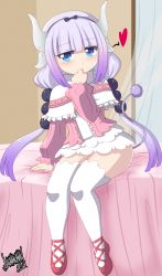 Rule 34 | 1girl, absurdres, artist name, bed, blue eyes, child, danmakuman, dated, dress, frills, full body, hairband, heart, highres, horns, indoors, kanna kamui, kobayashi-san chi no maidragon, long sleeves, open mouth, puffy short sleeves, puffy sleeves, purple hair, shoes, short sleeves, sidelocks, sitting, solo, tail, thighhighs, twintails, white thighhighs