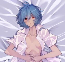 Rule 34 | 1girl, ayanami rei, bed sheet, blue hair, blush, breasts, collarbone, collared shirt, commentary, dress shirt, evangelion: 3.0+1.0 thrice upon a time, from above, hair between eyes, hands on own stomach, light blush, looking at viewer, lying, medium breasts, messy hair, naked shirt, navel, neon genesis evangelion, no bra, on back, on bed, open clothes, open shirt, out-of-frame censoring, own hands together, parted lips, rebuild of evangelion, red eyes, shirt, short hair, short sleeves, solo, unbuttoned, upper body, white background, yagisawa teru