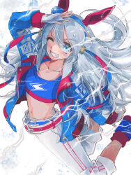 Rule 34 | 1girl, animal ears, belt, blue eyes, blue footwear, blue jacket, blue shirt, blush, cherrydeswa, collarbone, crop top, detached sleeves, electricity, eye trail, fingerless gloves, flat chest, gloves, grey hair, grin, hairband, high tops, highres, horse ears, jacket, light trail, long hair, long sleeves, midriff, navel, one eye closed, open clothes, open jacket, pants, shirt, shoes, smile, sneakers, solo, sweat, tamamo cross (umamusume), twitter username, umamusume, v-shaped eyebrows, very long hair, white gloves, white pants