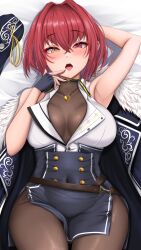 Rule 34 | 1girl, absurdres, bare shoulders, blush, bodystocking, breasts, cleavage, coat, fingerless gloves, fur-trimmed coat, fur trim, gloves, hachi7515, heart, heart necklace, heterochromia, high-waist skirt, highres, hololive, houshou marine, houshou marine (businesswoman), jewelry, large breasts, looking at viewer, necklace, official alternate costume, official alternate hair length, official alternate hairstyle, open mouth, pantyhose, partially unbuttoned, red eyes, red hair, see-through, see-through cleavage, shirt, skirt, sleeveless, sleeveless shirt, solo, thighs, virtual youtuber, yellow eyes