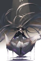 Rule 34 | 1girl, absurdly long hair, absurdres, azur lane, black footwear, black hair, black jacket, black thighhighs, blush, boots, breasts, broken horn, closed mouth, commentary, cross-laced footwear, dress, floating hair, grey dress, hand on own chest, hand up, highres, horns, jacket, ka11 ca, long hair, long sleeves, looking at viewer, nail polish, noshiro (azur lane), platform footwear, purple eyes, red nails, small breasts, solo, standing, thighhighs, very long hair