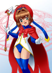 Rule 34 | 1girl, beret, blue leotard, blue thighhighs, bow, brown eyes, cape, cardcaptor sakura, daikinbakuju, feet out of frame, fuuin no tsue, gloves, green eyes, hair intakes, hat, highres, holding, holding wand, kinomoto sakura, leotard, magic circle, red bow, red cape, red hat, short hair, smile, solo, thighhighs, wand, white gloves