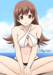 Rule 34 | 1girl, bare shoulders, bikini, blush, breasts, brown eyes, brown hair, cleavage, cloud, cosplay, criss-cross halter, day, fuuma nagi, halterneck, indian style, kantai collection, kantai collection (anime), long hair, looking at viewer, nagato (kancolle), nagato (kancolle) (cosplay), navel, ooi (kancolle), sitting, sky, smile, solo, swimsuit, v arms, white bikini