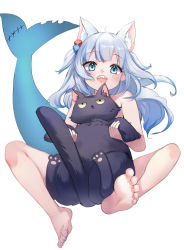 Rule 34 | 1girl, animal ears, barefoot, blue eyes, blue hair, blunt bangs, cat, cat ears, feet, fins, fish tail, fuyouchu, gawr gura, gawr gura (casual), hololive, hololive english, looking at viewer, medium hair, multicolored hair, nude, shark girl, shark tail, sharp teeth, soles, streaked hair, tail, teeth, toes, two side up, virtual youtuber, white hair