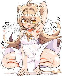 Rule 34 | 1girl, :d, animal ears, arm behind head, armpits, commentary request, crossed bangs, dress, hair between eyes, indie virtual youtuber, kanikama, lion ears, lion girl, lion tail, looking at viewer, motion lines, open mouth, rurudo lion, rurudo lion (1st costume), simple background, sleeveless, sleeveless dress, smile, solo, squatting, sweat, tail, thighs, virtual youtuber, white background, white dress, yellow eyes