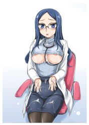 Rule 34 | 1girl, :p, blue eyes, blue hair, breasts, covered erect nipples, cum, cum on body, cum on breasts, cum on lower body, cum on upper body, dokidoki! precure, facial, female focus, glasses, highres, hishikawa ryouko, lab coat, large breasts, matching hair/eyes, pantyhose, precure, sitting, skirt, solo, tongue, tongue out, underboob, wan&#039;yan aguda