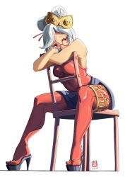 Rule 34 | 1girl, artist logo, automatic giraffe, bare shoulders, bodystocking, breasts, chair, commentary, covered navel, dated, english commentary, feet, full body, glasses, gloves, grey hair, hair ornament, hair stick, high heels, highres, legs, looking at viewer, medium breasts, nintendo, pantyhose, platform clogs, purah, red-framed eyewear, red eyes, red pantyhose, round eyewear, sandals, short hair, sitting, sleeveless, solo, tabi, the legend of zelda, the legend of zelda: tears of the kingdom, toes