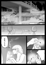 Rule 34 | 1girl, bottle, cigarette, comic, cup, drinking glass, greyscale, matches, meimaru inuchiyo, mizuhashi parsee, monochrome, pointy ears, touhou, translation request, wine bottle, wine glass
