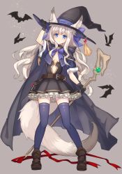 Rule 34 | 1girl, animal ears, bat (animal), black gloves, black skirt, blue eyes, blue thighhighs, blush, boots, cloak, closed mouth, ears through headwear, fantasy, fox ears, full body, gloves, grey background, hat, highres, holding, holding clothes, holding hat, holding staff, long hair, looking at viewer, original, petticoat, riffey, silver hair, simple background, skirt, solo, staff, standing, thighhighs, wavy hair, witch, witch hat
