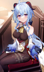 Rule 34 | ahoge, bare shoulders, bell, black gloves, blue hair, breasts, chair, chinese knot, clothes tug, commentary request, curled horns, detached sleeves, ganyu (genshin impact), genshin impact, gloves, gold trim, highres, horns, kisaragi yuri, long hair, looking at viewer, medium breasts, multicolored eyes, neck bell, out of frame, paper, sidelocks, sitting, table, tassel, thighlet, vision (genshin impact), white sleeves