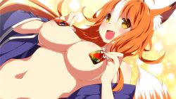 Rule 34 | 1girl, :d, ahoge, akina (sakura santa), animal ears, bare shoulders, blush, breasts, breasts out, charm (object), dutch angle, fang, female focus, flipped hair, fox ears, fox girl, fox tail, game cg, groin, hair between eyes, happy, inma, japanese clothes, kimono, large breasts, long hair, looking at viewer, multicolored hair, naked kimono, navel, no bra, off shoulder, open clothes, open kimono, open mouth, orange hair, sakura santa, slit pupils, smile, solo, sparkle, streaked hair, tail, two-tone hair, upper body, very long hair, white hair, winged cloud, yellow eyes