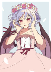 Rule 34 | 1girl, bat wings, beni kurage, blue hair, commentary, cosmos (flower), dress, flower, hands up, head wreath, highres, medium hair, open mouth, pink dress, red eyes, red ribbon, remilia scarlet, ribbon, short sleeves, smile, solo, touhou, upper body, wings, wrist ribbon