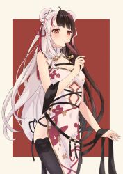 Rule 34 | 1girl, :o, ahoge, animal print, bare shoulders, bell, black hair, black thighhighs, blush, breasts, center opening, china dress, chinese clothes, cleavage, cleavage cutout, clothing cutout, double bun, dress, floral print, hair bun, hair ribbon, hand fan, highres, holding, holding fan, jingle bell, lace, lace-trimmed legwear, lace trim, long hair, multicolored hair, nijisanji, official alternate costume, pelvic curtain, rabbit print, red eyes, red hair, red ribbon, ribbon, shiroka25, sleeveless, small breasts, solo, split-color hair, streaked hair, thighhighs, two-tone hair, virtual youtuber, white dress, white hair, yorumi rena, yorumi rena (10th costume)