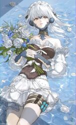 Rule 34 | 1girl, absurdres, afloat, au ra, bodice, bomu (bomubomu20), bouquet, bow, collar, collarbone, cowboy shot, curled horns, detached sleeves, dragon horns, expressionless, final fantasy, final fantasy xiv, flower, frilled hairband, frilled sleeves, frills, from above, hair spread out, hairband, highres, holding, holding bouquet, horns, layered skirt, long hair, looking up, lying, metal collar, on back, own hands together, parted lips, puffy sleeves, red eyes, rose, scales, signature, skirt, solo, thigh strap, twitter username, warrior of light (ff14), water, white bow, white flower, white hair, white hairband, white rose, white skirt