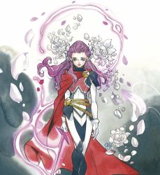 Rule 34 | 1girl, animification, blue bodysuit, bodysuit, breasts, cape, comic cover, cover image, energy sword, floating hair, flower, gloves, highres, holding, holding sword, holding weapon, long hair, looking at viewer, marvel, medium breasts, multicolored bodysuit, multicolored clothes, official art, peach momoko, psylocke, purple hair, red cape, solo, straight-on, sword, weapon, white bodysuit, white flower, white gloves, x-men