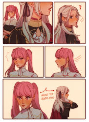 Rule 34 | 2girls, 5koma, ?, absurdres, artist request, ascot, blush, cape, comic, crossed arms, edelgard von hresvelg, english text, female focus, fire emblem, fire emblem: three houses, garreg mach monastery uniform, gloves, hair ribbon, tucking hair, highres, hilda valentine goneril, left-to-right manga, long hair, looking at another, looking away, looking back, matching hair/eyes, multiple girls, nintendo, pink eyes, pink hair, purple eyes, purple ribbon, red cape, ribbon, sleeves rolled up, standing, twintails, upper body, white gloves, white hair, yuri