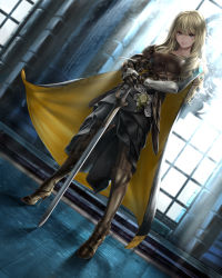Rule 34 | 1girl, absurdres, armor, armored boots, backlighting, blonde hair, blue eyes, boots, breastplate, breasts, cape, closed mouth, collarbone, dutch angle, fantasy, flower, gauntlets, head tilt, high heel boots, high heels, highres, holding, holding sword, holding weapon, indoors, lace, legs apart, long hair, looking at viewer, original, own hands together, pauldrons, planted, planted sword, planted weapon, ribbon, rose, shadow, shisshou senkoku, shoulder armor, smile, solo, stairs, sword, tile floor, tiles, wavy hair, weapon, white flower, white ribbon, white rose, window