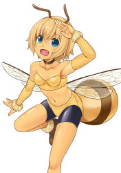Rule 34 | 1girl, antennae, arthropod girl, bare shoulders, bee girl, bike shorts, blonde hair, blue eyes, breasts, cleavage, colored skin, detached sleeves, fang, insect girl, insect wings, mo-fu, monster girl, navel, open mouth, original, short hair, simple background, small breasts, smile, solo, standing, stinger, white background, wings, wrist cuffs, yellow skin