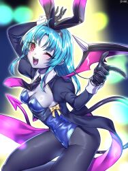 Rule 34 | 1girl, :d, ;d, ahoge, animal ear hairband, animal ears, black gloves, black necktie, black pantyhose, black tail, black wings, blue hair, blue leotard, blurry, blurry background, bow, breasts, cleavage, colored skin, commentary request, copyright name, dairoku ryouhei, demon tail, demon wings, fake animal ears, fake tail, fangs, feet out of frame, from side, gloves, grey skin, hairband, highres, juliet sleeves, leotard, light blue hair, long hair, long sleeves, looking at viewer, looking to the side, medium breasts, multicolored background, necktie, official art, one eye closed, open mouth, pantyhose, parted bangs, pink necktie, pink tail, pink wings, playboy bunny, puffy sleeves, rabbit ear hairband, rabbit ears, red eyes, rtsusk09, sidelocks, single wing, sleeves past wrists, smile, solo, straight hair, tail, tail raised, tailcoat playboy bunny, two-sided fabric, two-tone necktie, two-tone tail, two-tone wings, white wrist cuffs, wing collar, wings, wrist cuffs, yellow bow