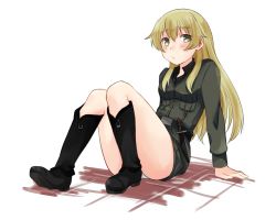 Rule 34 | 10s, 1girl, :t, abenattou, arm support, bad id, bad pixiv id, belt, blonde hair, blush, boots, carpaccio (girls und panzer), full body, girls und panzer, knife, long hair, looking at viewer, military, military uniform, panties, pantyshot, simple background, sitting, solo, underwear, uniform, white background