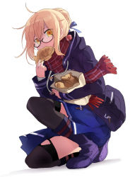 Rule 34 | 1girl, artoria pendragon (all), artoria pendragon (fate), black thighhighs, blonde hair, blue jacket, blue ribbon, blue skirt, fate/grand order, fate (series), food, full body, glasses, hair between eyes, hair ribbon, highres, hood, hooded jacket, jacket, kyokutsuki, looking at viewer, mysterious heroine x alter (fate), mysterious heroine x alter (first ascension) (fate), on one knee, pleated skirt, red scarf, ribbon, saber (fate), scarf, short hair with long locks, sidelocks, simple background, skirt, solo, thighhighs, white background, yellow eyes, zettai ryouiki