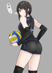 Rule 34 | 1girl, ass, ball, bandaged fingers, bandages, bare shoulders, black hair, black shirt, black shorts, breasts, commentary request, from behind, from side, fuku (fuku12290574), grey background, grey eyes, hair tie, highres, knee pads, long hair, low ponytail, original, raised eyebrow, shirt, short shorts, shorts, sidelocks, simple background, sleeveless, sleeveless shirt, small breasts, solo, sportswear, sweatdrop, translation request, volleyball, volleyball (object), volleyball uniform