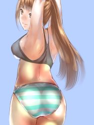 Rule 34 | 1girl, absurdres, armpits, arms up, ass, bad id, bad pixiv id, black bra, blue background, bra, breasts, brown eyes, brown hair, dodai shouji, highres, large breasts, light smile, long hair, looking at viewer, looking back, original, panties, ponytail, simple background, solo, striped clothes, striped panties, underboob, underwear, underwear only