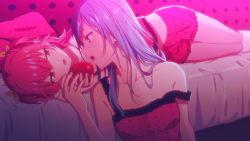 Rule 34 | 2girls, apple, bed, blue hair, food, fruit, hinomori shizuku, holding, holding food, holding fruit, long hair, lying, momoi airi, multiple girls, on side, open mouth, pink hair, pink theme, project sekai, romeo to cinderella (vocaloid), short shorts, shorts, sleeveless, un403lucky, vocaloid, yuri
