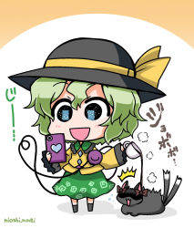 Rule 34 | 1girl, :3, :d, ^^^, bad id, bad pixiv id, black eyes, black hat, bow, brown bow, cat, cellphone, chibi, coffee, commentary request, cup, eye reflection, flying sweatdrops, frilled shirt collar, frilled sleeves, frills, green hair, green skirt, hair between eyes, hat, hat ribbon, heart, heart of string, holding, holding cup, holding phone, kaenbyou rin, kaenbyou rin (cat), komeiji koishi, long sleeves, lying, multiple tails, noai nioshi, open mouth, phone, reflection, ribbon, shaded face, shadow, shirt, short hair, skirt, smartphone, smile, spilling, standing, steam, string, tail, third eye, touhou, translation request, twitter username, two-tone background, two tails, wide sleeves, yellow ribbon, yellow shirt