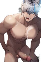 Rule 34 | 1boy, abs, absurdres, animal ear fluff, animal ears, bara, barcode, black nails, blue eyes, blue hair, completely nude, cum, cum on body, cum on male, cum on pectorals, earclip, erection, eyeshadow, fang, fingernails, grey hair, gt dune, hair between eyes, hair ornament, hairclip, hand on own hip, hand on own thigh, highres, large pectorals, large penis, leaning forward, long fingernails, looking at viewer, makeup, male focus, male pubic hair, multicolored hair, muscular, muscular male, navel, nipples, nude, open mouth, original, pectorals, penis, pubic hair, red eyeshadow, short hair, simple background, smile, solo, streaked hair, teeth, testicles, thighs, tongue, twitter username, uncensored, white background